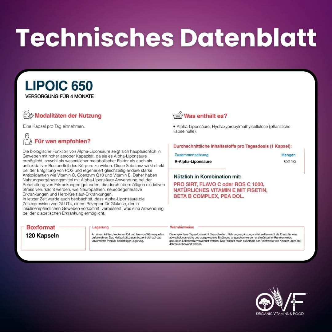 OVF R-Alpha Liponsäure 650 mg Hochdosiert, 120 Vegane Kapseln (4 Monate Vorrat), Starkes Antioxidans für Energie, Nerven & Stoffwechsel, Ohne Siliciumdioxid, 100% Made in Italy
