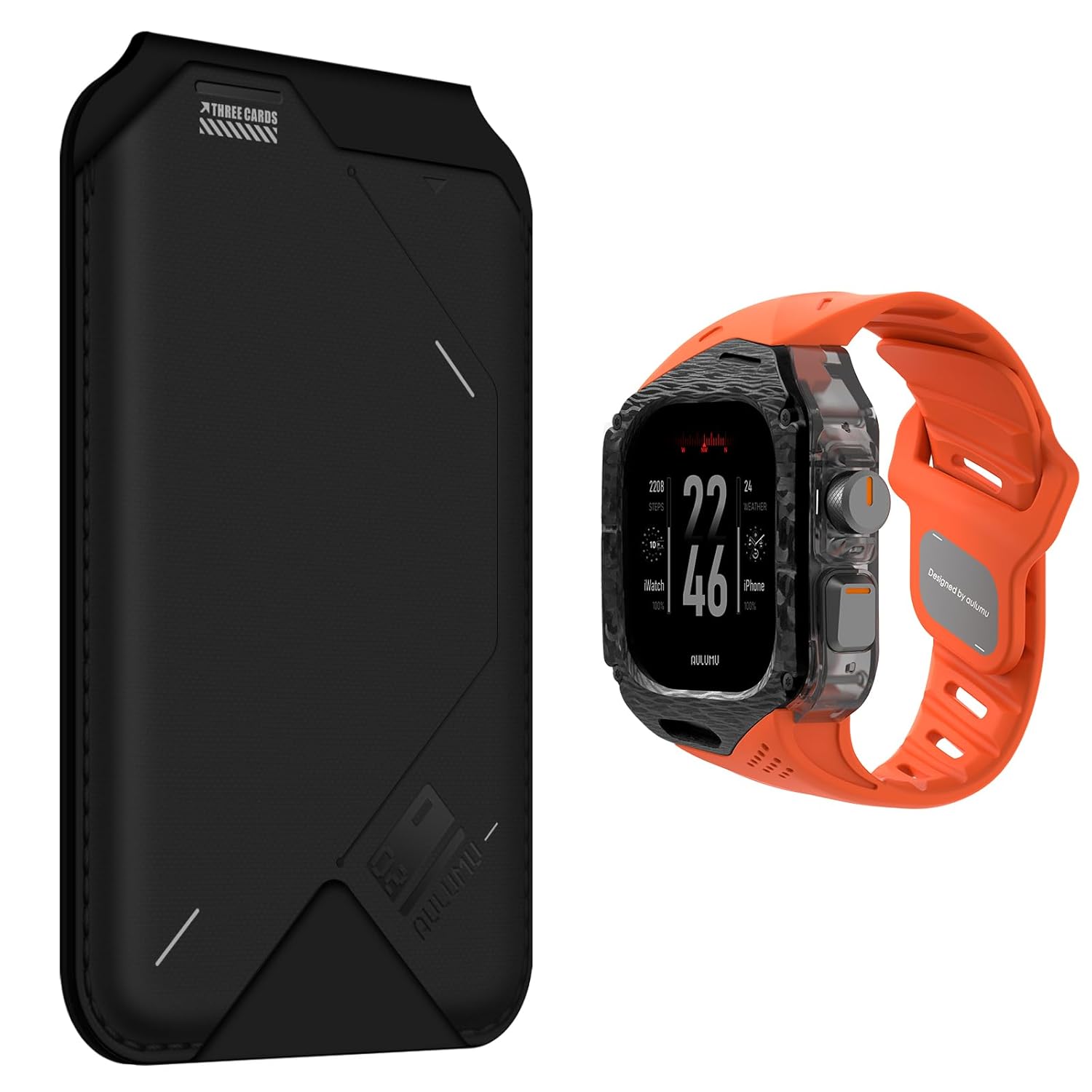 Aulumu G02 V2 Magnetic Wallet &Stand+A01 Carbon Fibre Case with Apple Watch Ultra Band 49MM[Orange] Business Accessory Set