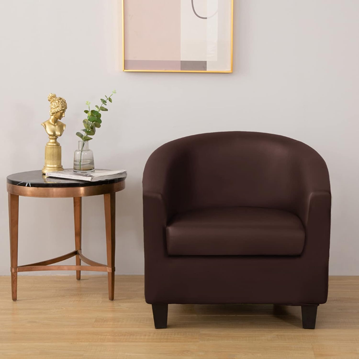 2 Piece Waterproof Tub Chair Slipcover PU Leather Armchair Cover Solid Color Non Slip Barrel Chair Cover for Living Room Dining -Light Grey-One Size