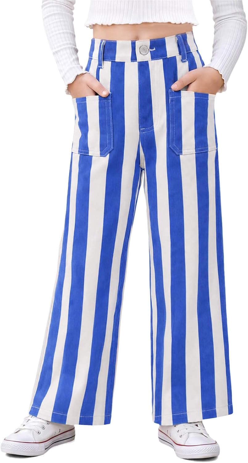 Haloumoning Girls Striped Wide Leg Jeans Casual High Waisted Denim Pants