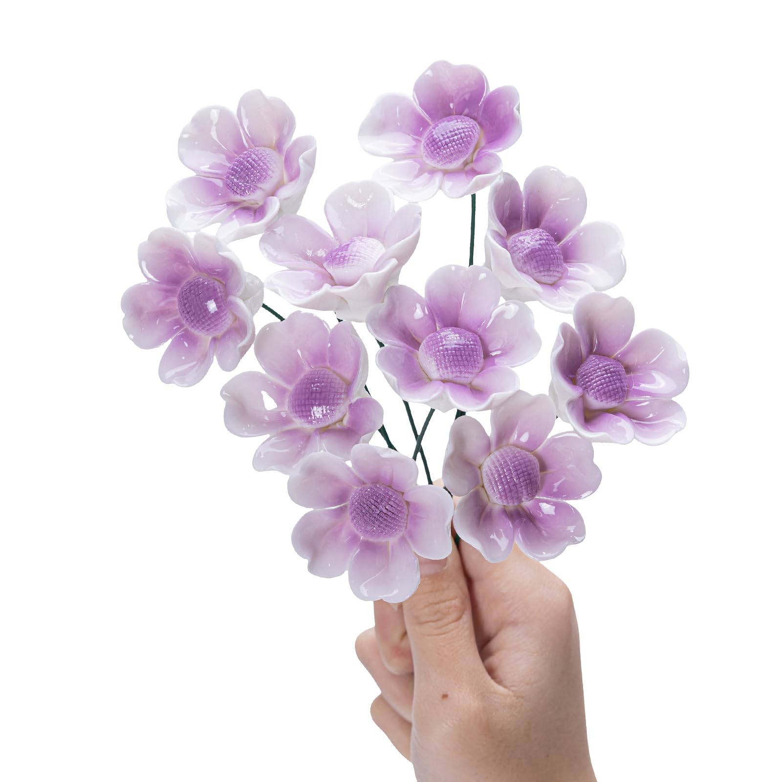 FANLUTYIN Ceramic Flower Bouquet Set of 10 Handmade Ceramic Peony Simulated Flowers ceramic Floral Decorations, Creative Gifts for Flora Home Decor (Purple peony, 10 Inch (Pack of 10))