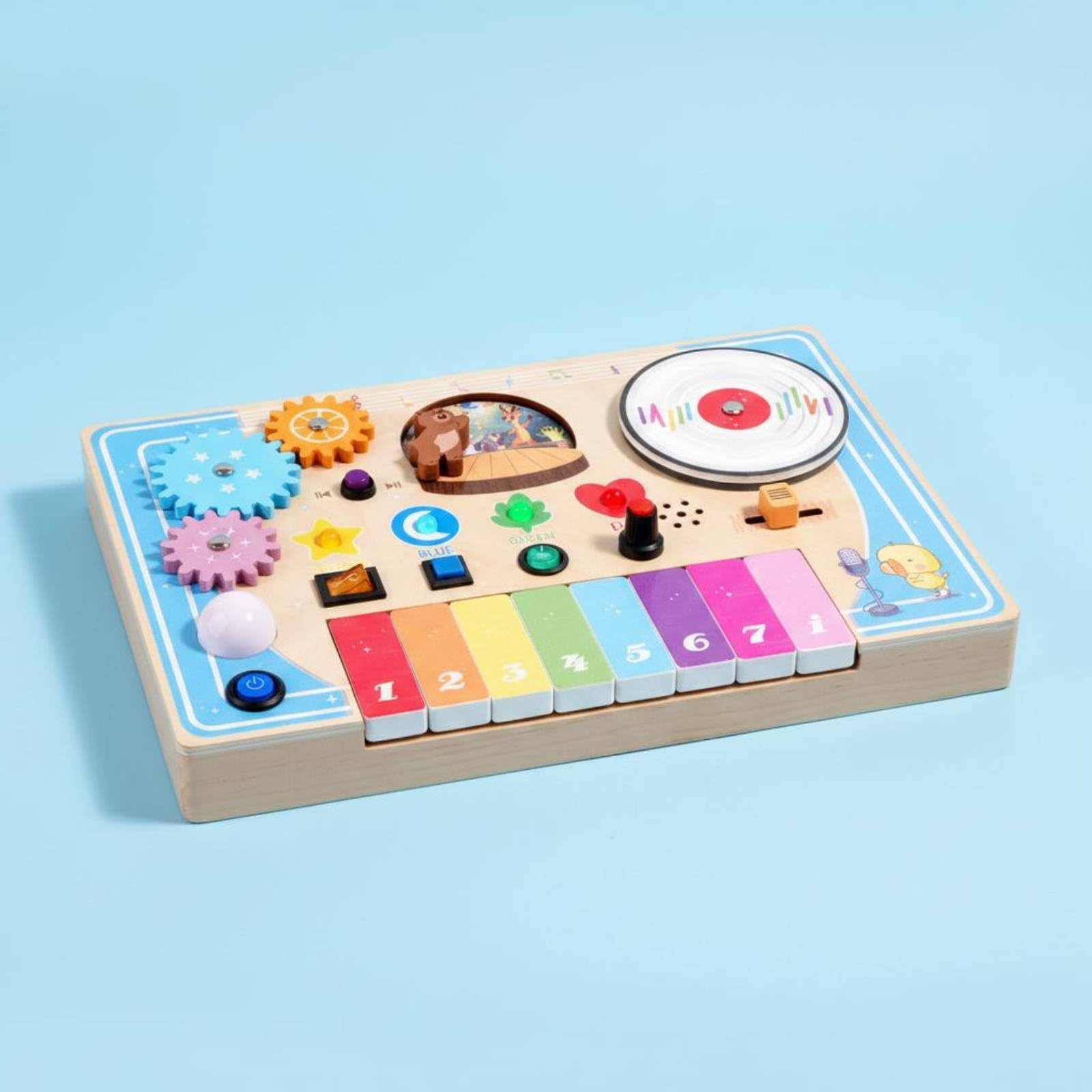 Colcolo Children Music Board Tavola Sensoriale Legno Piano Giocattolo Pannello Attività con Tastiera Rotella Ingranaggi Pulsanti Elementi Scorrevoli per