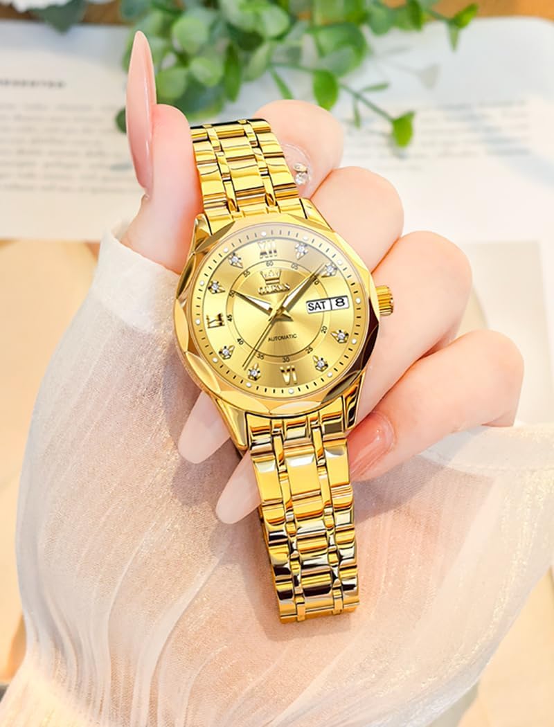OUPINKE Women's Automatic Mechanical Watch Diamond Dial Casual Dress Watch Self Winding Day Date Waterproof Stainless Steel Band - Image 2