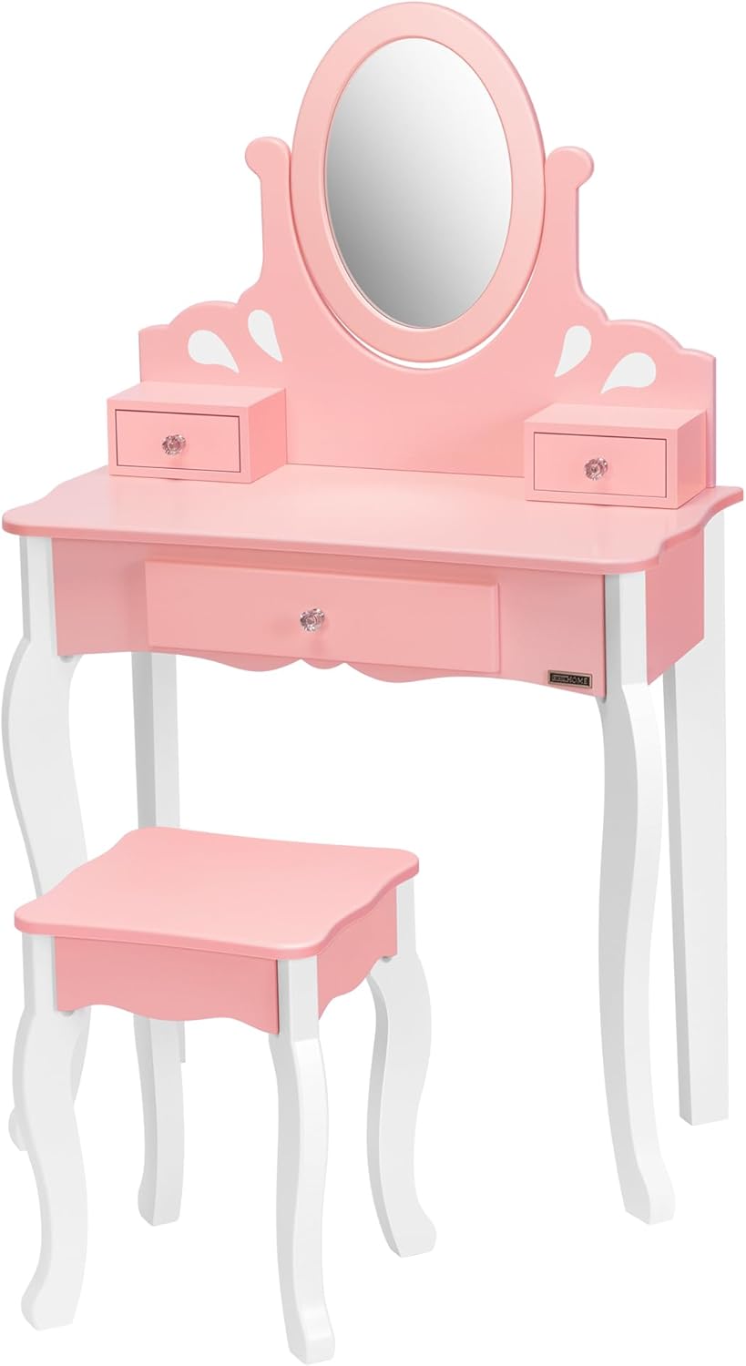 VIVOHOME Kids Vanity Set, Princess MDF Makeup Dressing Table with 360° Rotating Mirror and Drawers for Girls, Pink