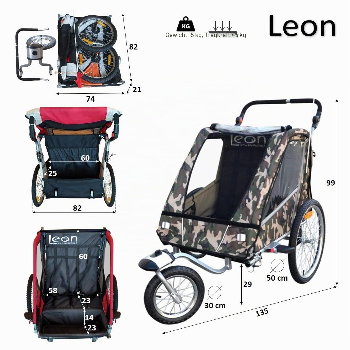 PAPILIOSHOP Leon Kinderanhänger Fahrradanhänger Jogger von 1 oder 2 Kinder