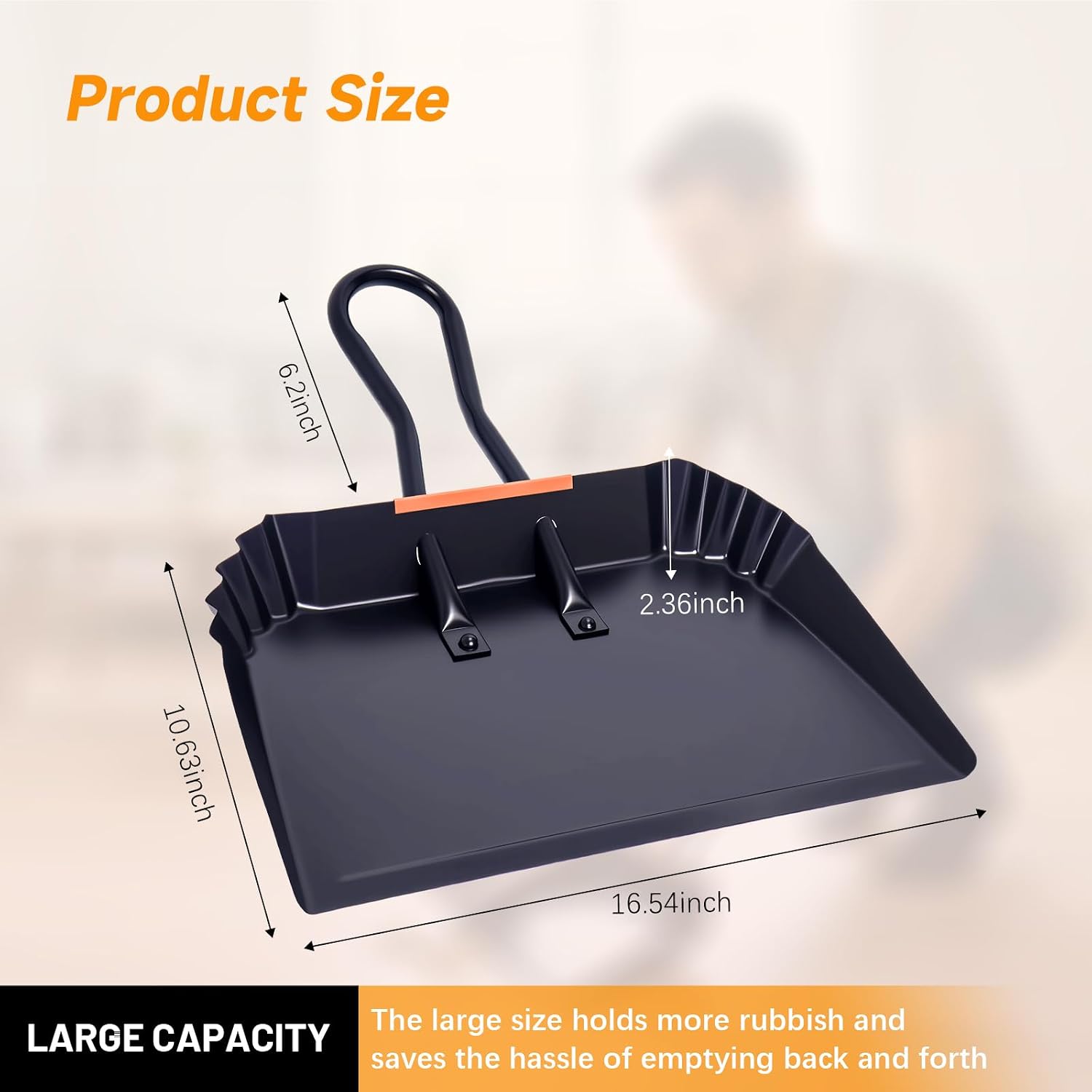 Heavy-Duty Black Metal Dustpan, 17 Inch Large Dust Pan with Handle, Ideal for Industrial Commercial Professional Debris Collection & Home Cleaning