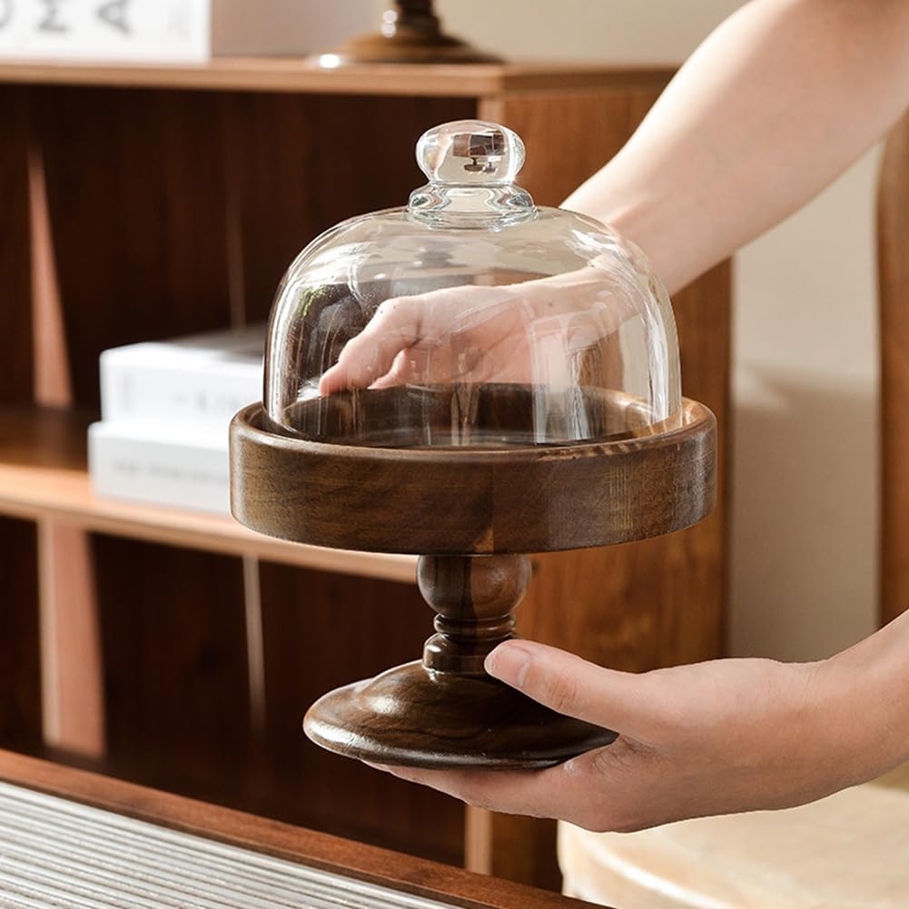 Elegante Soporte para Tartas de Pie Alto con Cubierta de Vidrio - de Postre de Madera y Vidrio, para Dim Sum, para Pan M