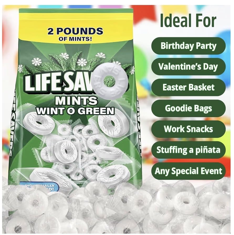 Wint O Green Hard Candy, 2lb Pack of Mints Bulk, Perfect for Sharing, Gifting, Weddings and Special Events, Classic Wintergreen Individually Wrapped with a Cool, Refreshing Taste