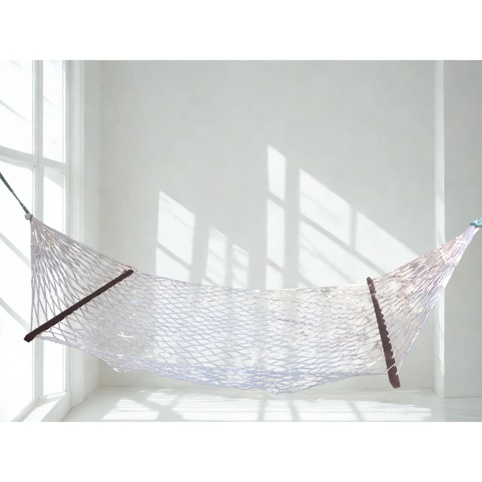 Portable Mesh Hammock Swing, Black Wooden White Nylon Rope Net Hammock for Outdoor Camping, Garden, Backyard Relaxation-image-32