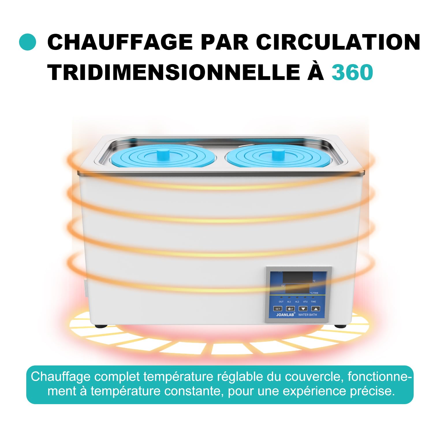 JOANLAB Bain-Marie Laboratoire 6L, 600W - Double Ouverture, Acier Inoxydable - Thermostat Numérique ±0,1°C - Minuterie 0-99 Min - Affichage LED