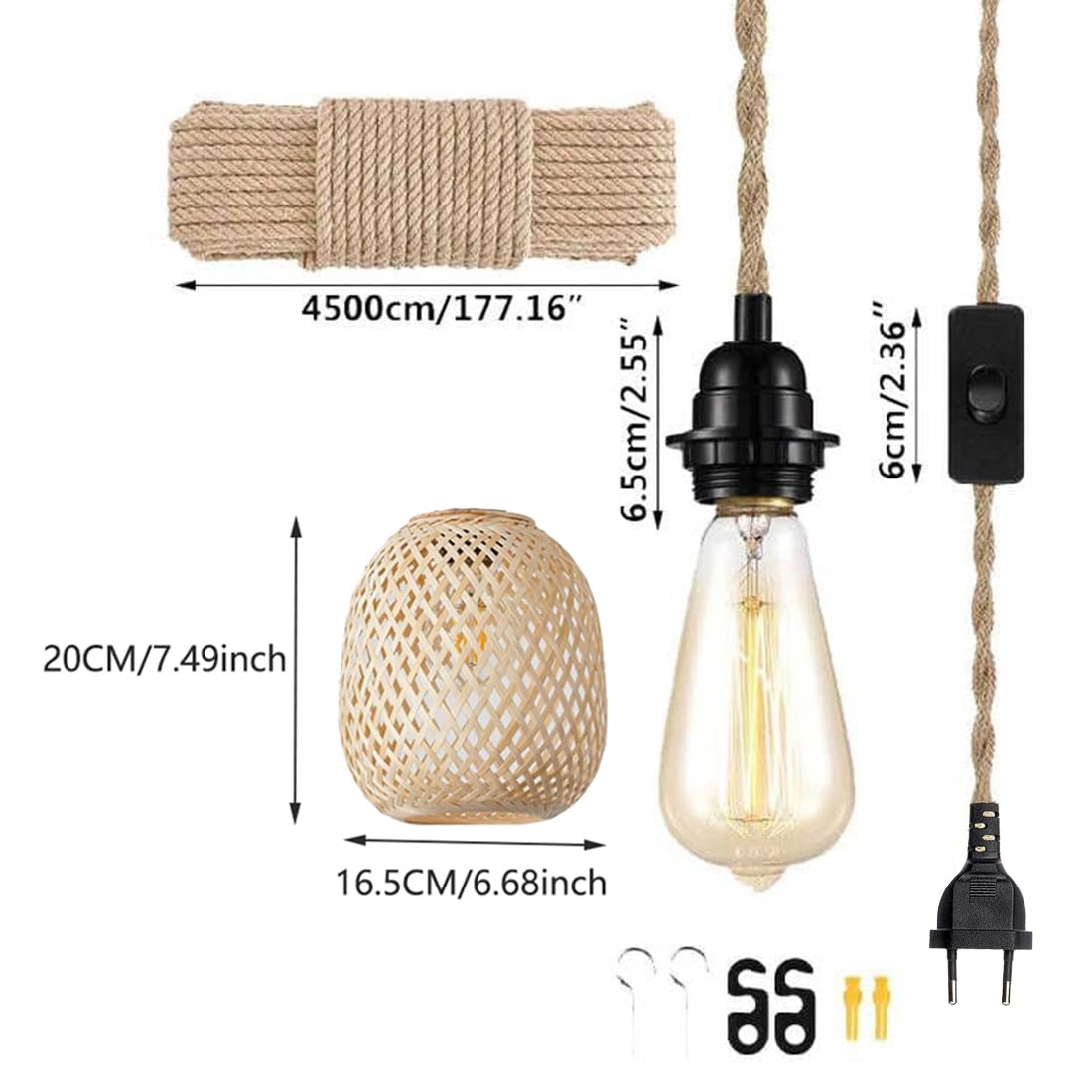 Hängelampe Lampenschirm mit Stecker Outdoor Lampe Hängend Boho Rattan Deckenlampe Hängeleuchte Bambus Deko Deckenleuchte Esstisch Lampen Hängelampen Pendelleuchte 4,5M Kabel für Schlafzimmer