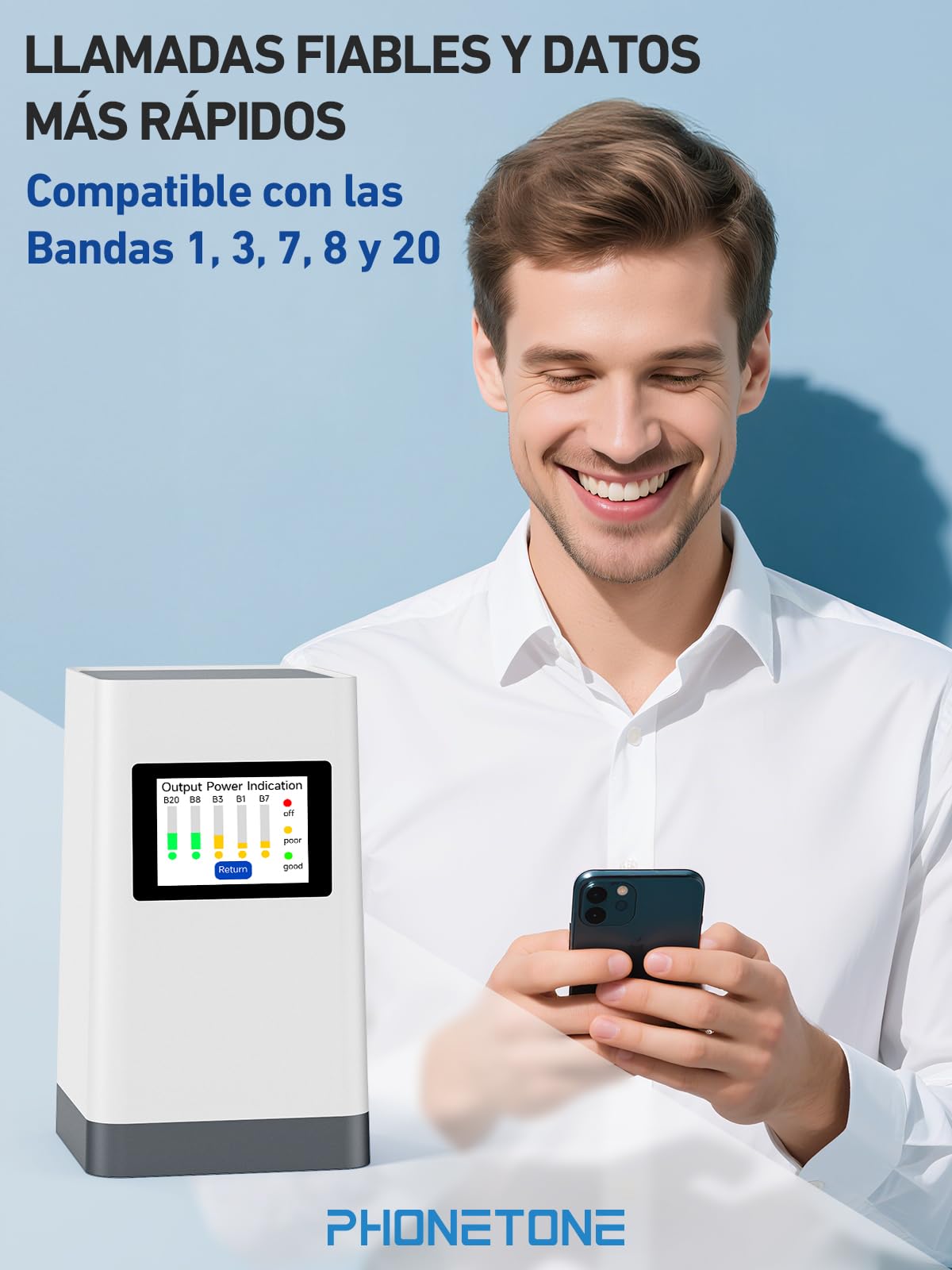 Amplificador de Cobertura Móvil Universal Funciona con Todos Los Operadores Tecnología Avanzada para 3G, 4G LTE y 5G | Amplificador Señal Movil Bandas 1/3/7/8/20 con Antena de Alta Ganancia