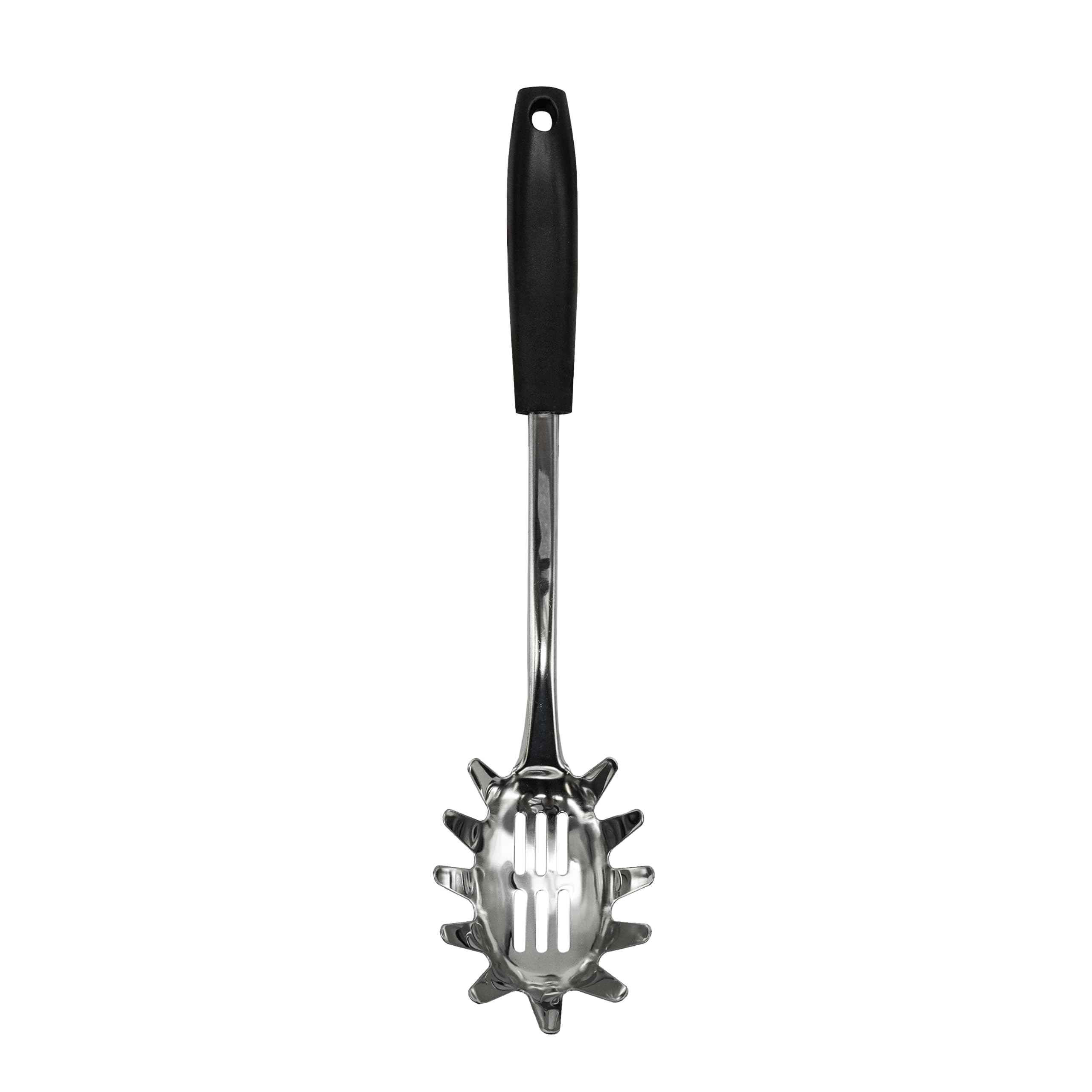 Fackelmann Initial Spaghetti Spoon, Stainless Steel with Plastic Handle, Kitchen Server, Pronged Pasta Fork with Slotted Holes, Serving Spoon, Scoop & Drain, 32cm, Silver