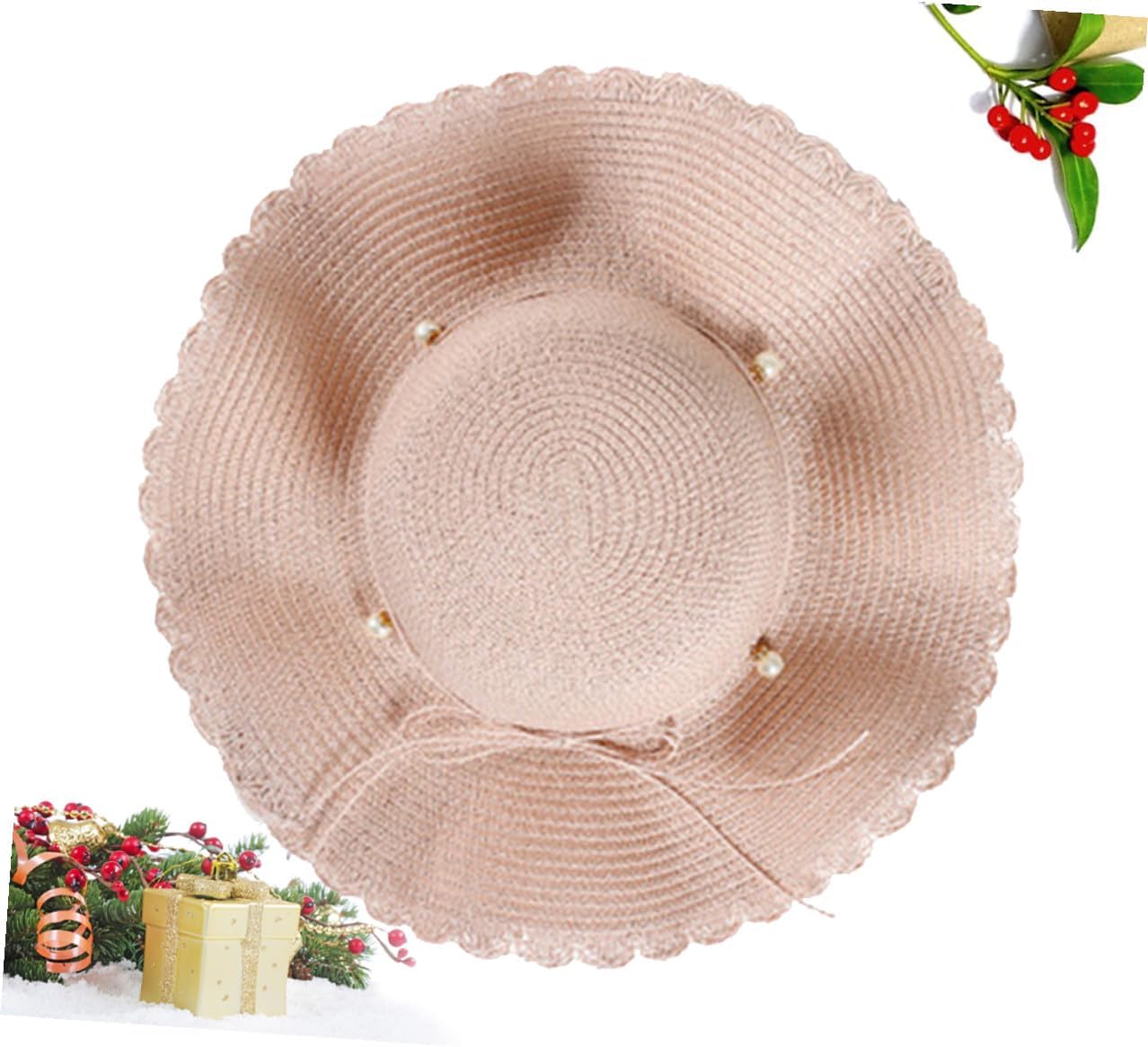 Ciieeo Wide Brim Pink Pearl Beach Hat Straw Sun Hat Summer Outdoor Protection Sunshade