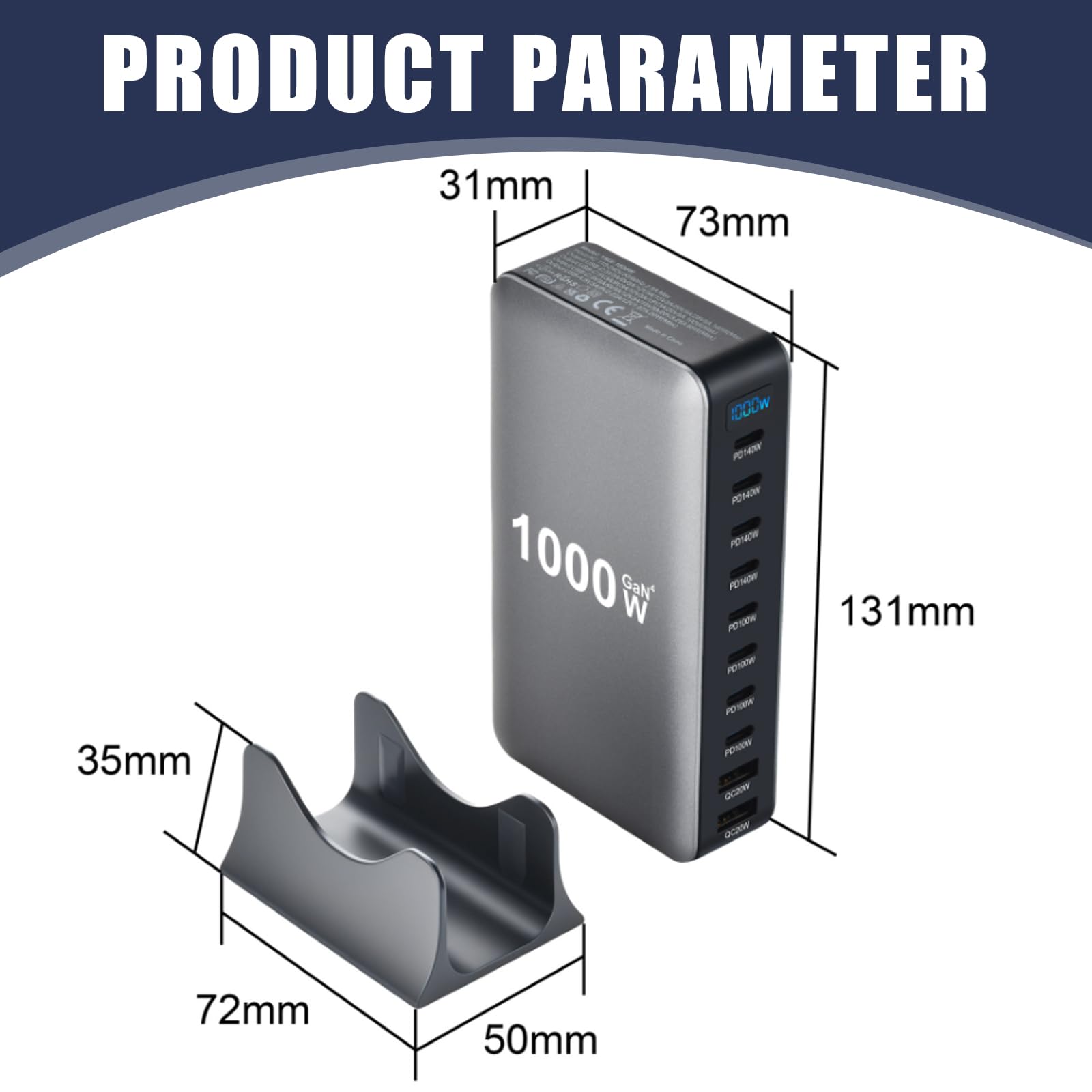 Chargeur Rapide USB-C 10 Ports 1000 W avec GaN III et PD 3.1, 8 Ports USB-C et 2 Ports USB-A, Alimentation PD PPS 140 W pour MacBook, iPhone, Ordinateur Portable, iPad, Samsung