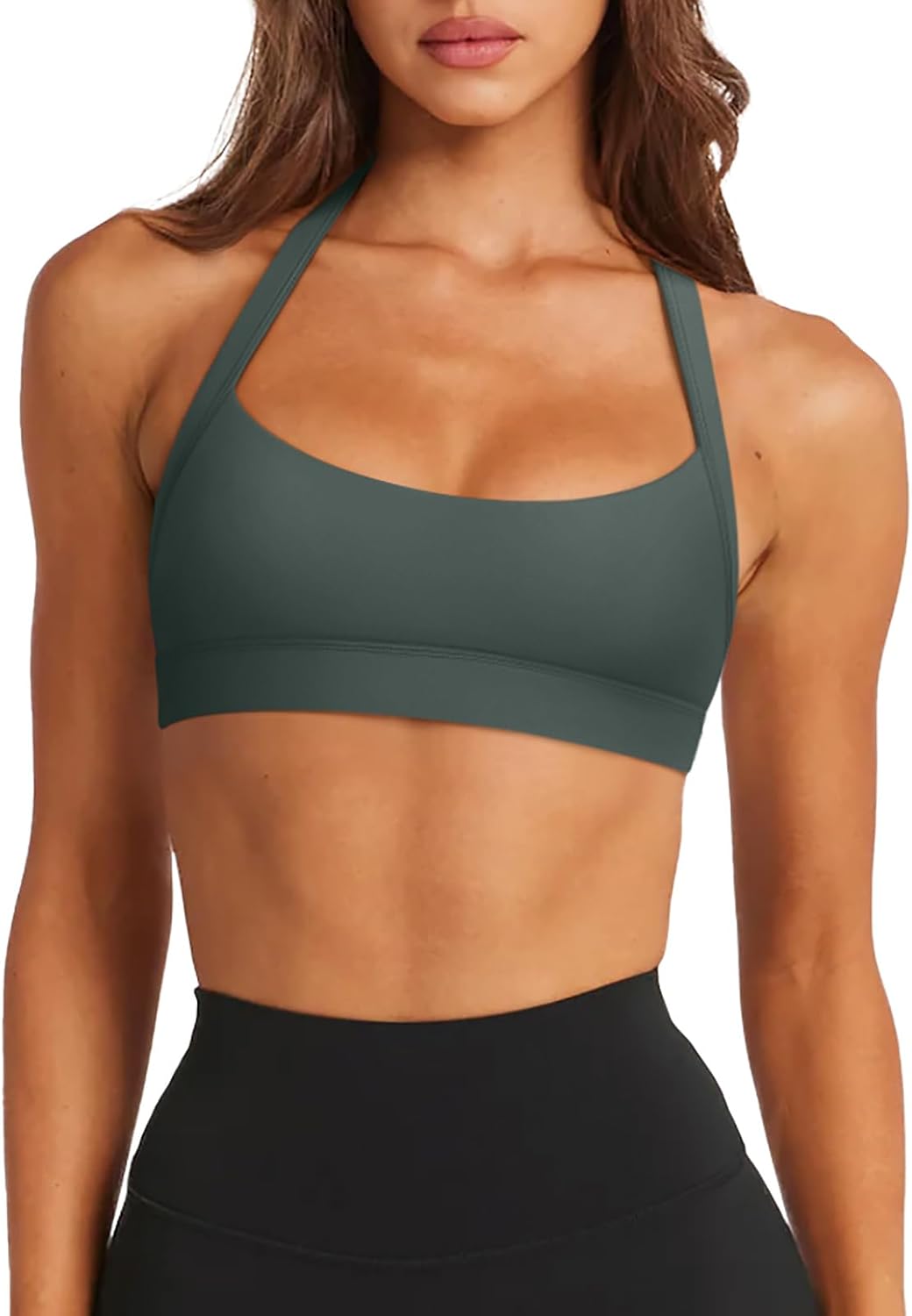 LASLULU Halter Sports Bras for Women Scoop Neck Workout Tops Padded Sleeveless Open Back Yoga Crop Gym Tank Tops