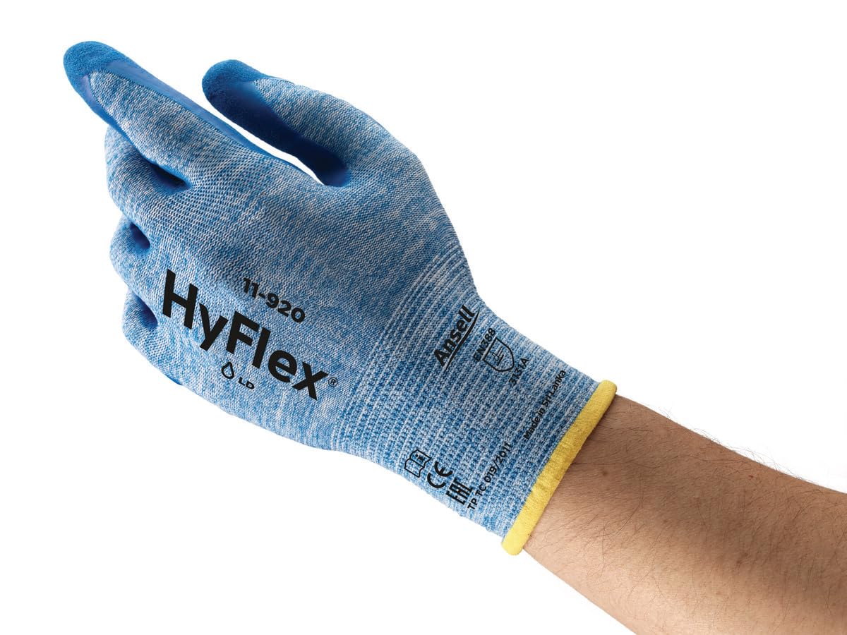Ansell HyFlex 11-920 Blue Heather Nylon Glove, Blue Nitrile Coating, Knit Wrist Cuff, Large, Size 9 (Pack of 12)