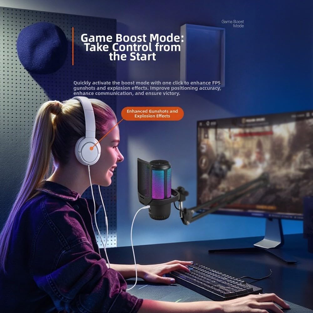 Microfono da gioco AI con riduzione del rumore per PC e cellulare, microfono a condensatore ABS per streaming e registrazione, nero