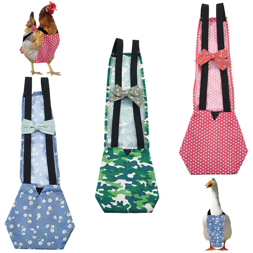 CREATCABIN 3Pcs 3 Styles Indoor Chicken Diaper Pet Duck Diapers Polyester Washable Waterproof Adjustable Reusable Ducking Clothes with Bow Tie for Real Chickens Birds Accessories 15.35 x 5.9 Inch