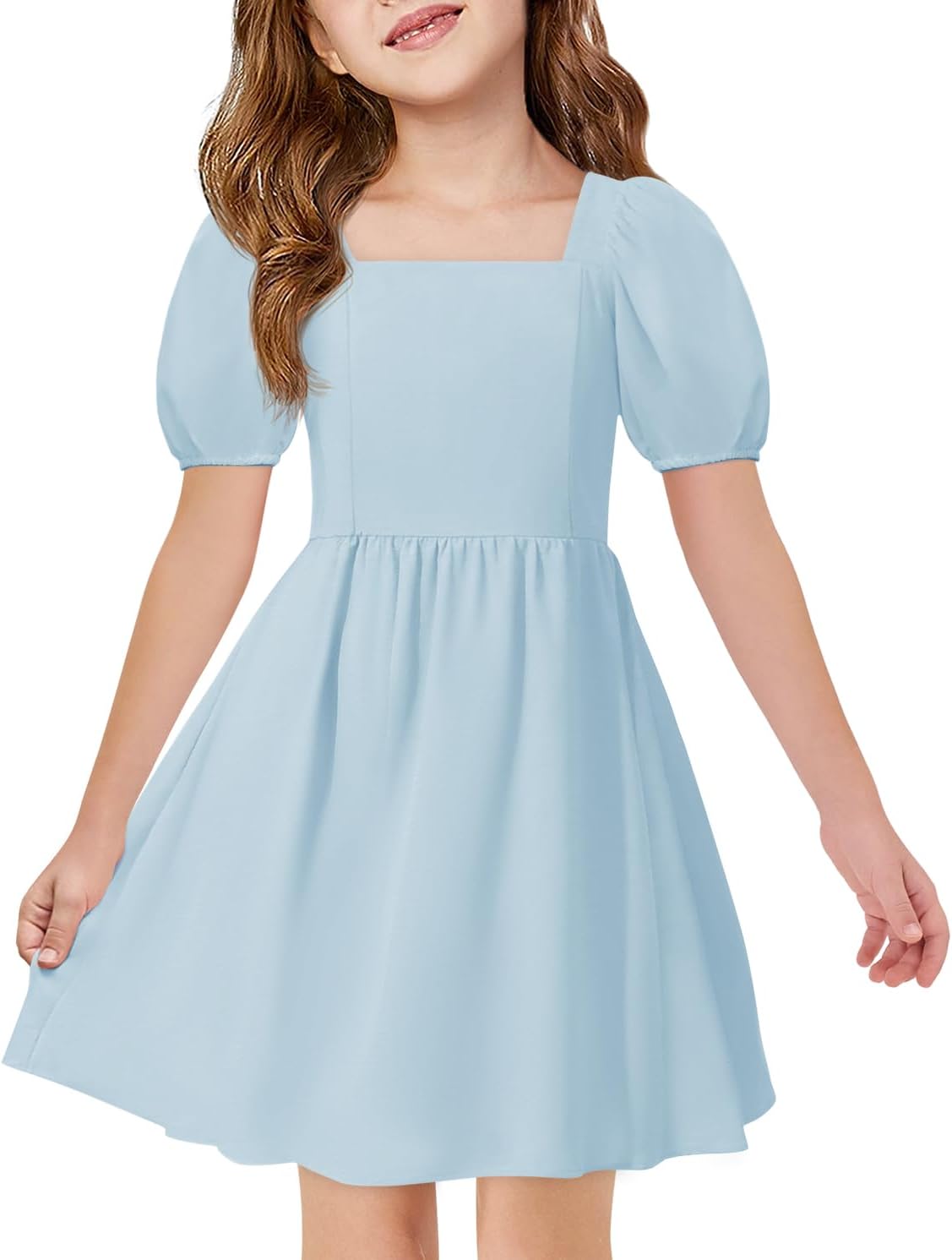 Haloumoning Girls Puff Short Sleeve Summer Dress Kids Casual Square Neck A-Line Smoked Dresses 5-14 Years