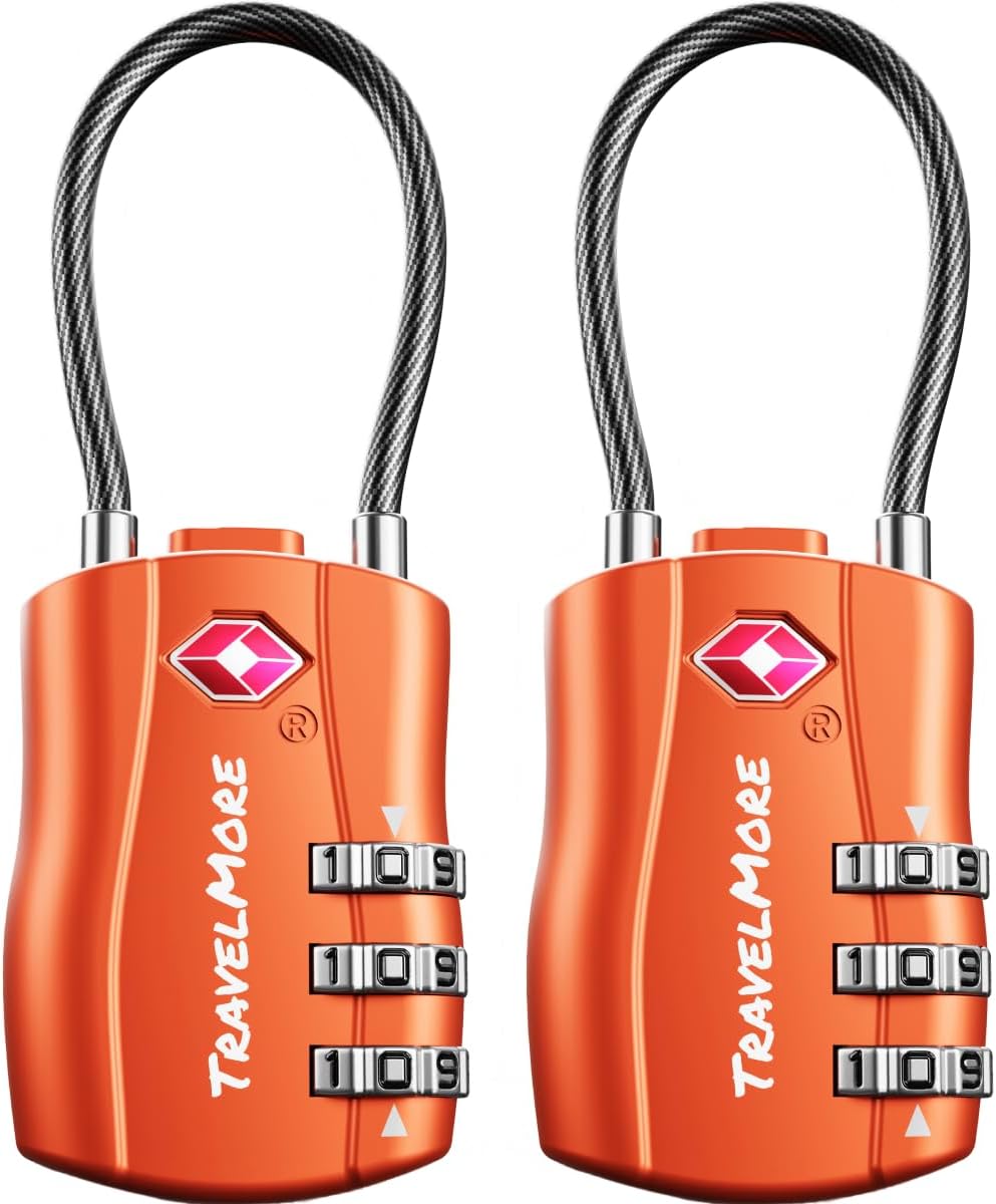 2-Pack TSA Approved Travel Combination Cable Luggage Locks for Suitcases & Backpacks | TSA Locks | Luggage Locks | Orange