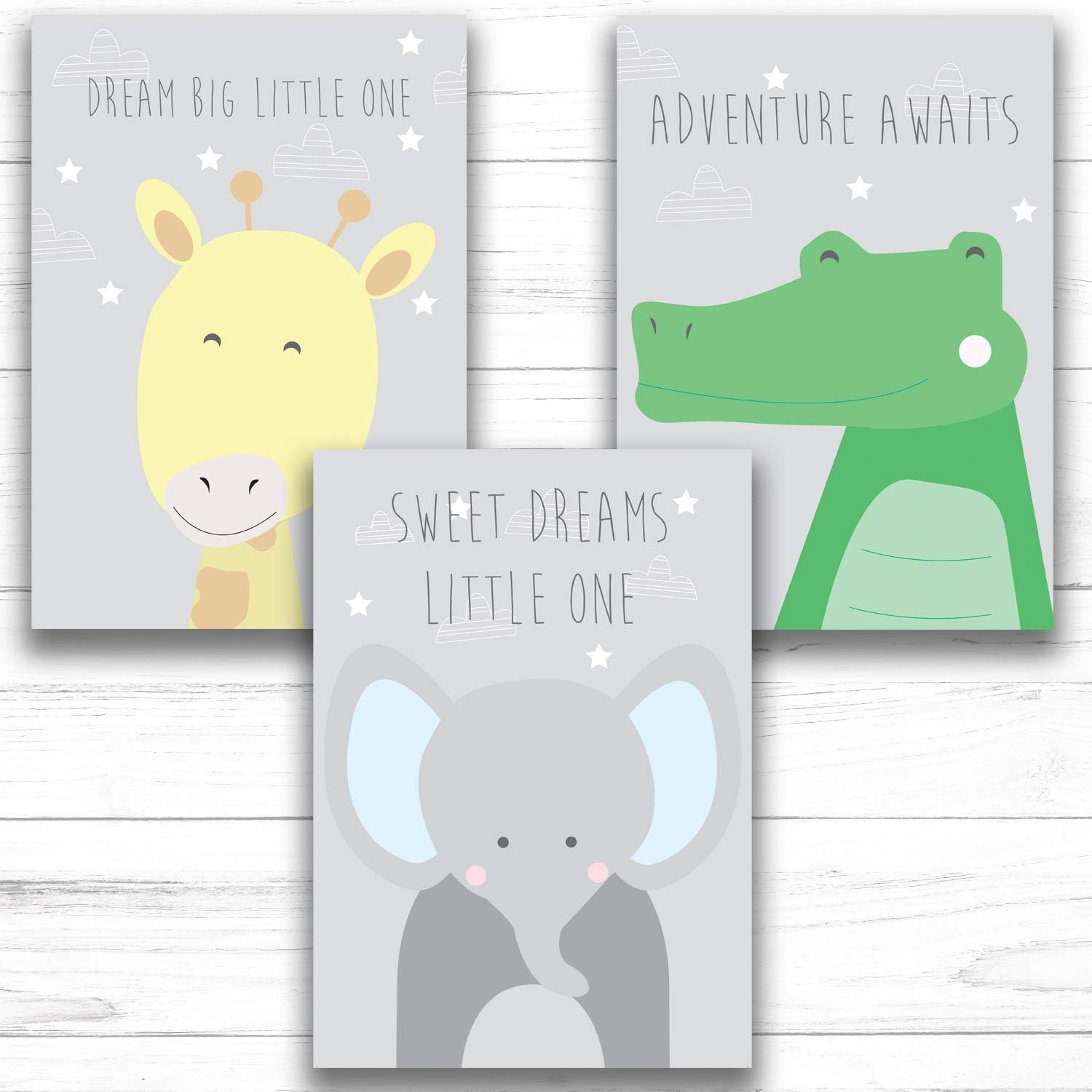 Fabian Roo 3pc Hand Drawn Nursery Dรฉcor - Adorable A4 Card Prints - Optional Wooden Frames Available! (14 - Crocodile, Elephant, Giraffe (Grey), A4 Card Print)