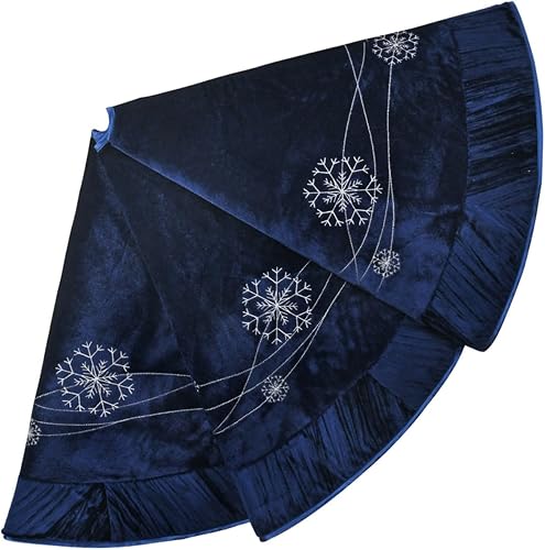 X.Sem Snowflakes Embroidered Velvet Christmas Tree Skirt with Pleat Velvet Borde