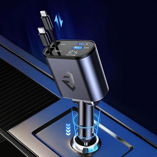 True Desire 120W 4-in-1 Car Charger with Type-C Cable, Dual USB Ports (2.4A) & PD 3.1A Fast Charging, 12.4V Voltage Displa...