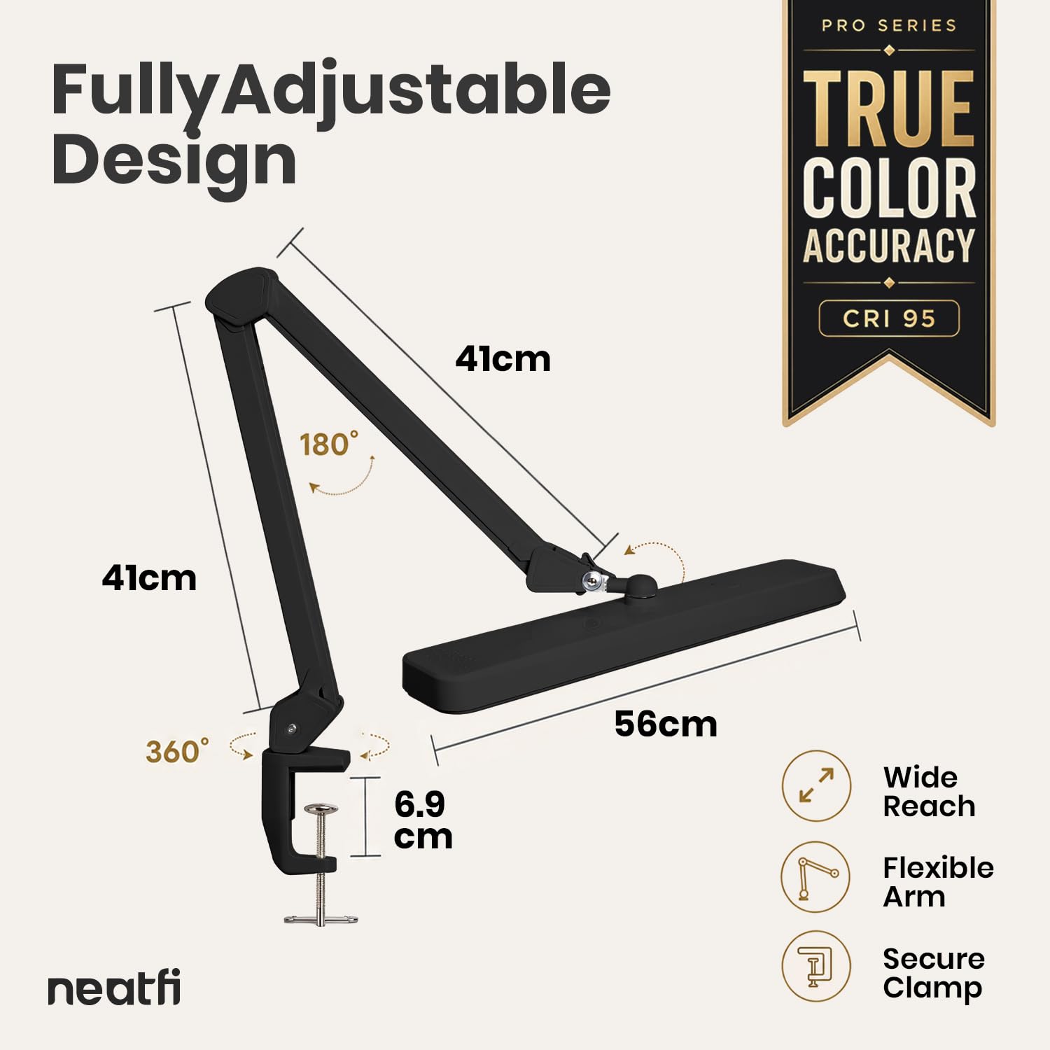 Neatfi Pro Series XL Lámpara LED Profesional de Trabajo – Alta Fidelidad de Color (CRI 95) | 2.500 Lúmenes, 30 W | Cabezal Ancho de 56 cm | 5 Modos de Iluminación | Regulable | Brazo Ajustable (Negro)