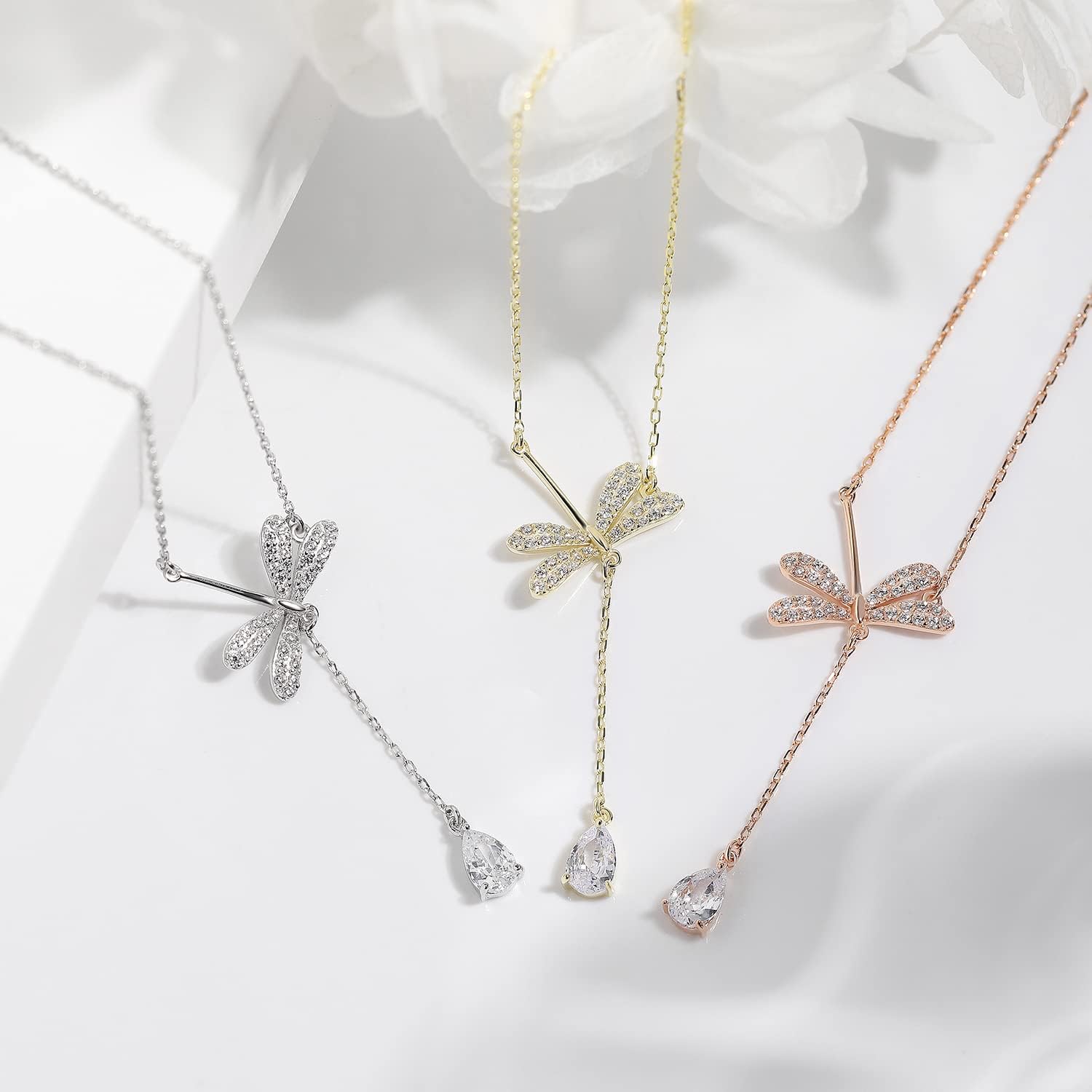 Silver Necklace for Women Dainty Dragonfly Pendant Gold Necklace Minimalist Dragonfly Crystal Necklace Bug Stackable