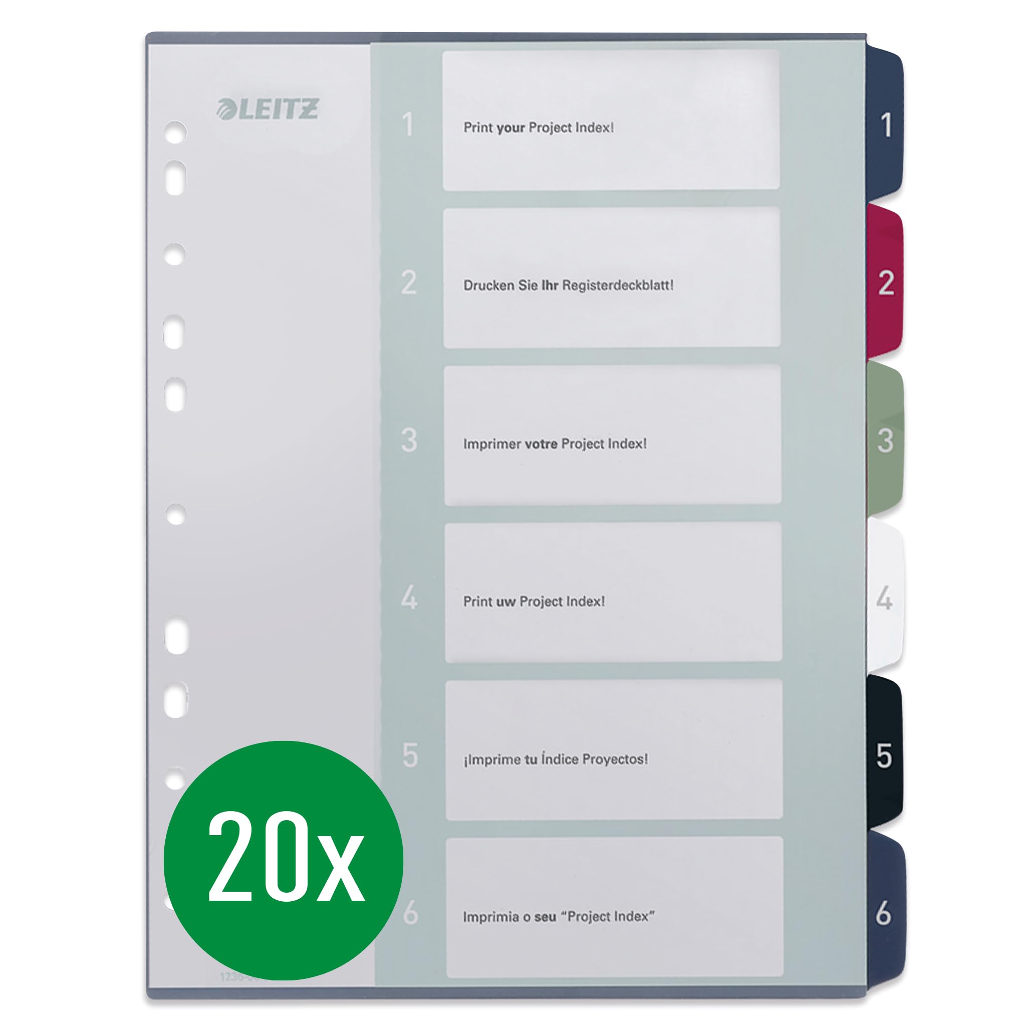 Leitz 12360000 rejestr A4, 20 sztuk, 1-6, 6 przekładek, do opisywania, bardzo szeroki, PP, styl, wielokolorowy, 12360000