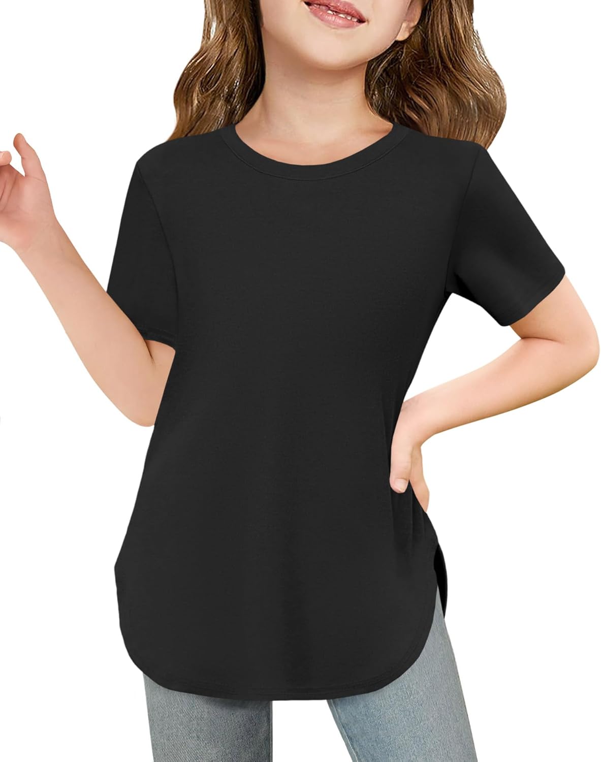 Haloumoning Girls Summer Short Sleeve Shirt Kids Crewneck Curve Hem Soft Tunic Tops T-Shirts 5-14 Years