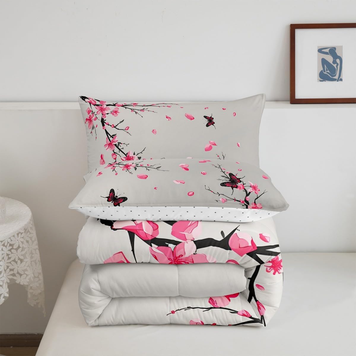 Feelyou Kids Cherry Blossoms Comforter Set Twin Size Butterfly Bedding Set Boys Girls Japanese Style Comforter Sakura Flower Floral Botanical Spring Quilt Set