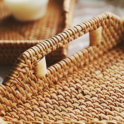 Large Handcrafted Serving Trays, Wicker Rectangle Trays With Handles, Rattan Decor Tray Organizer, Serving Baskets For Bread, Coffee, Breakfast, Dish 14.6" X 10.6" X 2" Honey Brown #TOP3
