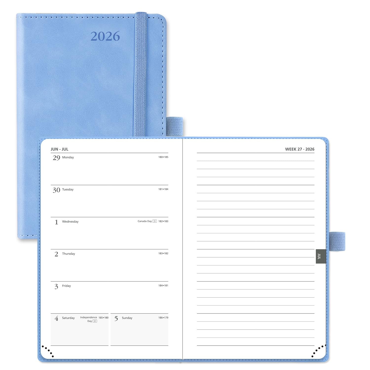 POPRUN Weekly Agenda 2026 Pocket Size Planner (4" x 6.25") 12 Months Calendar Notebook with Horizontal Layout, Leather Soft Cover, Inner Pocket, 100GSM Thick Paper, Pen Holder - Cerulean Blue