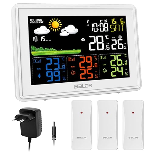 Estación meteorológica inalámbrica con 3 sensores, termómetro interior y exterior, pantalla a color, reloj atómico digital, temperatura y humedad,