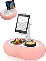 Miledi Tablet Pillow Stand for Bed: 360° Rotating Holder for 5-12.9" iPad, Kindle, Samsung, Pink Plush with Detachable Snack Bowl
