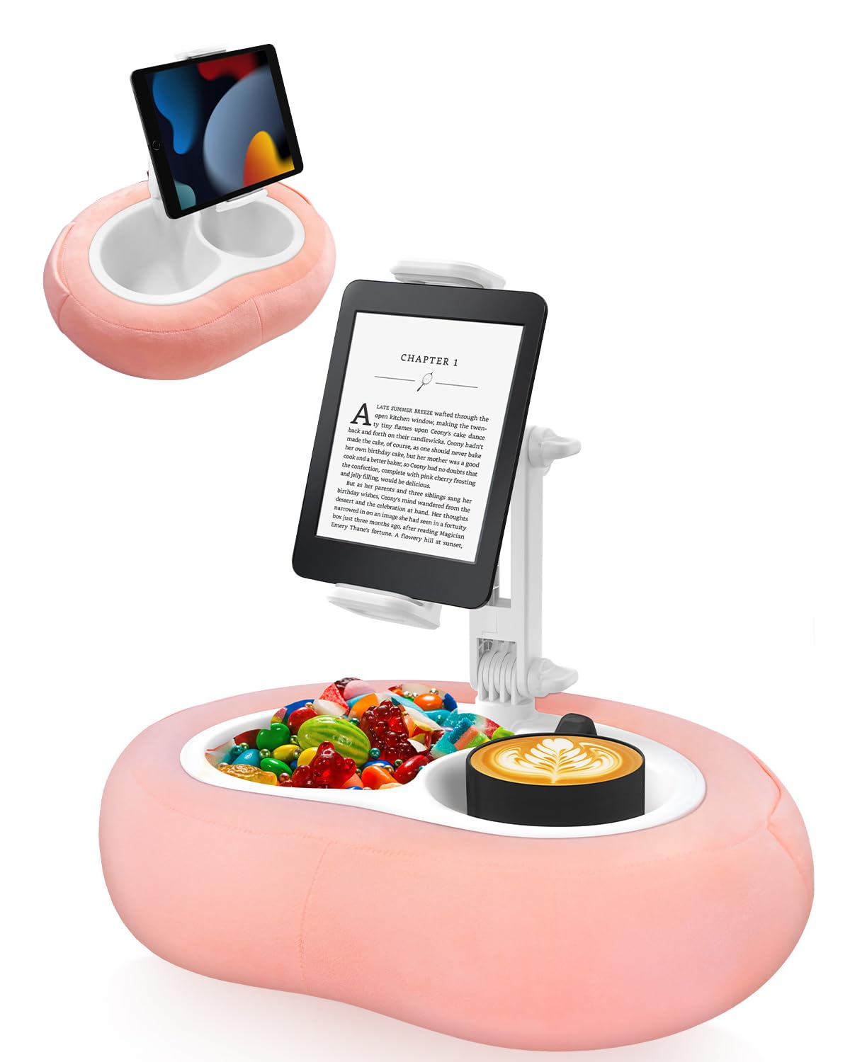tablet pillow stand, compatible with 5"-12.9" kindle, ipad, phone/tablet, google, samsung, 360° rotating phone holder for bed, soft plush fabric, detachable bowl, reading and relaxation on bed, pink