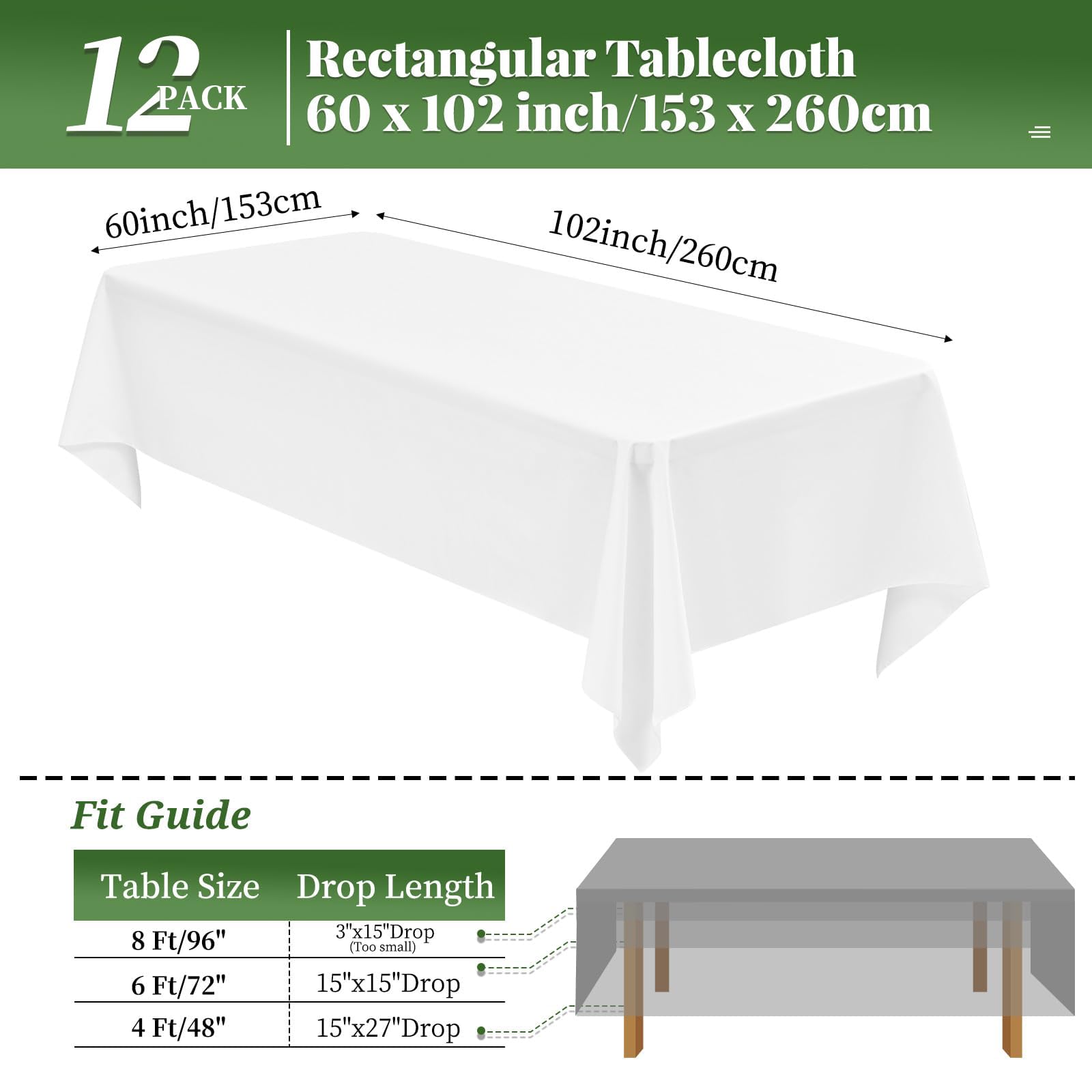 Paquete de 12 manteles blancos de 153 x 260 cm, mantel rectangular blanco para mesas de 1,8 m, mantel de poliéster lavable para bodas, banquetes