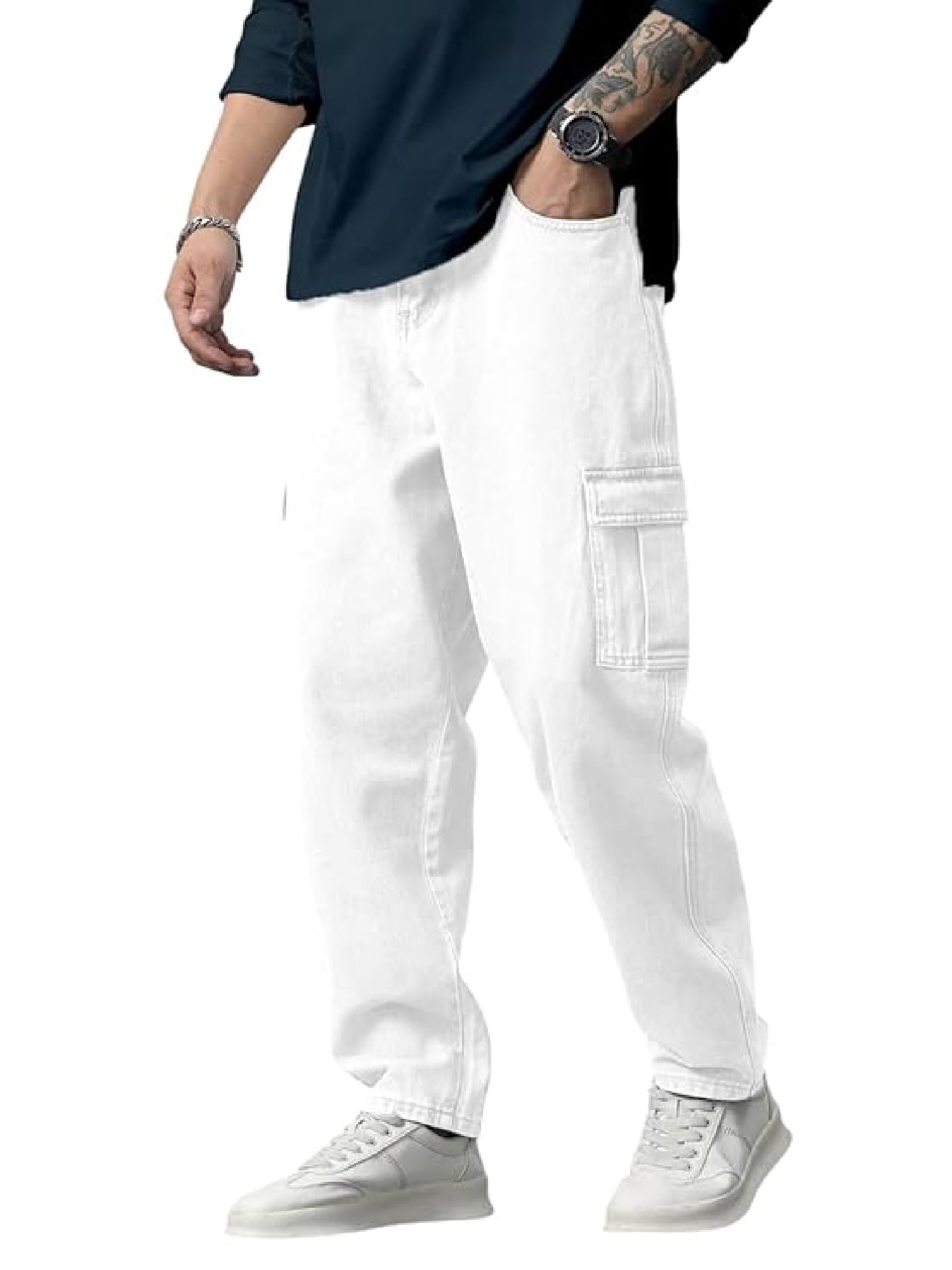 Cargo for Men | Loose Fit White Denim Jeans | Stylish Cotton Multi-Pocket Casual Styling Pant | Trendy Straight Leg Comfortable Utility Streetwear Trousers (Q-04-05)-image-12