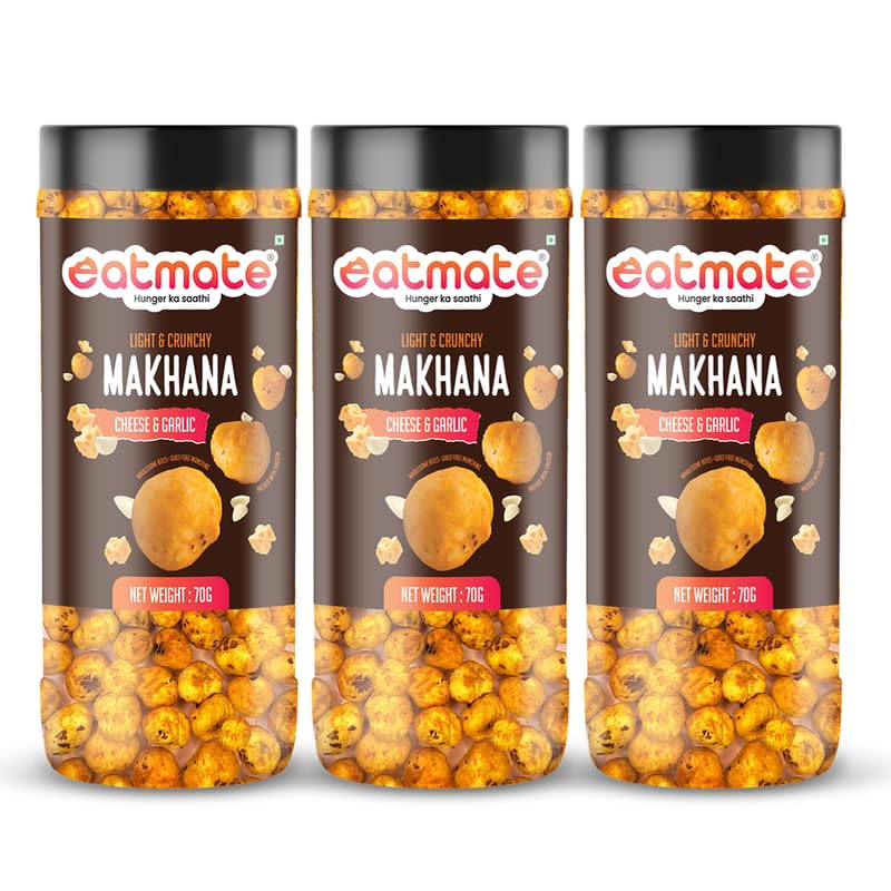 Eatmate Cheese & Garlic Phool Makhana | Roasted Fox Nuts Snack | Crispy Lotus Seeds | High Protein & Fiber Healthy Makhana | Ready to Eat Snack for Anytime Snacking (70g each, Pack of 3)