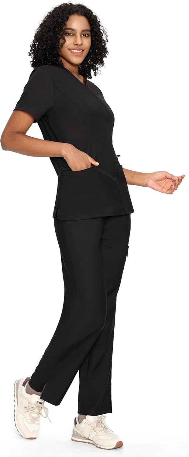 COZYFIT Scrubs for Women - Mock Wrap Top & Straight Leg Pants with 6 Pockets, Back Princess Seams, Soft Fabric - Image 7