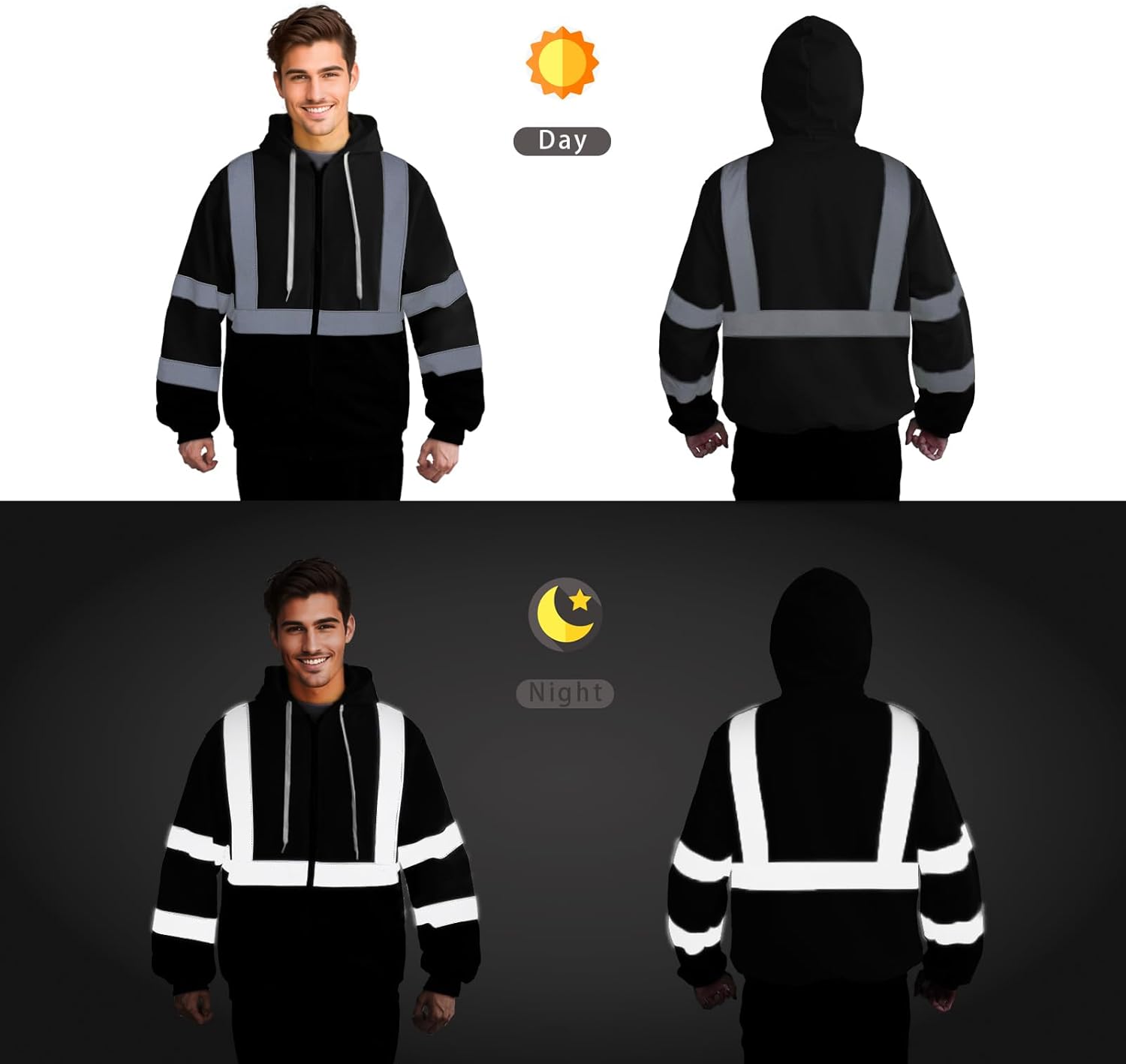 Hi Vis Hoodie for Men Safety Hoodies for Men Reflective with Black Bottom, High Visibility Hoodie for Men with Construction Worker, Meets ANSI, Black-LLWY-XL - Image 2