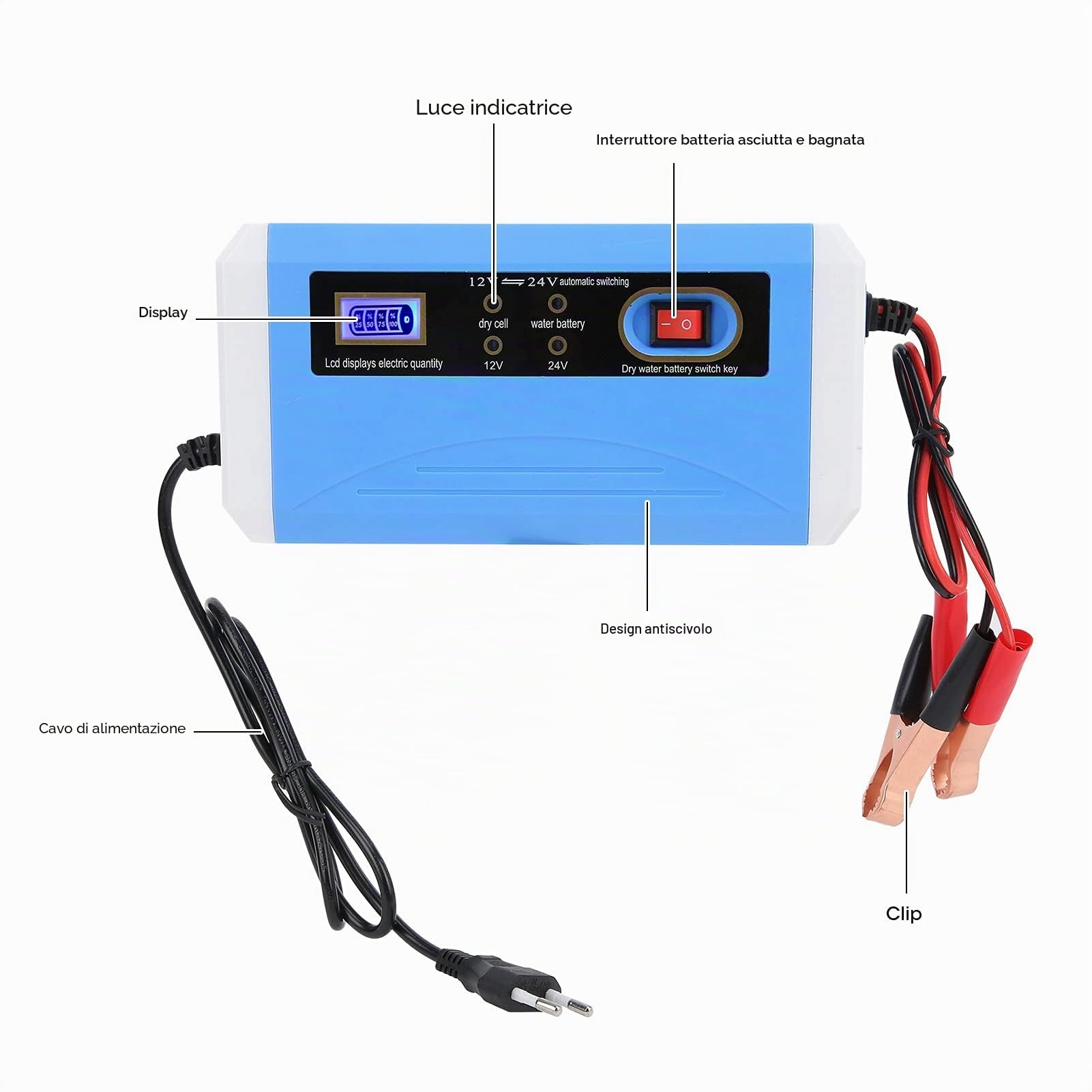 Caricabatteria per Auto, 12V/24V (20Ah/200Ah) Automatico Intelligente Mantenitore di Carica Caricabatteria per Barca, Barca, Camper, SUV, ATV, Display LCD, Riparazione(Regolamenti europei)