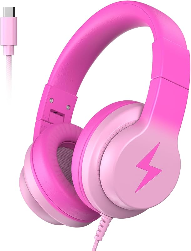Candy Bila USB C Kids Headphones for School,Wired Over-Ear for Boys Girls | 85dB Safe Volume, Stereo Sound, Adjustable headband, Foldable ,Compatible USB-C Plug iPads,Tablets,Chromebook,Gradient Pink