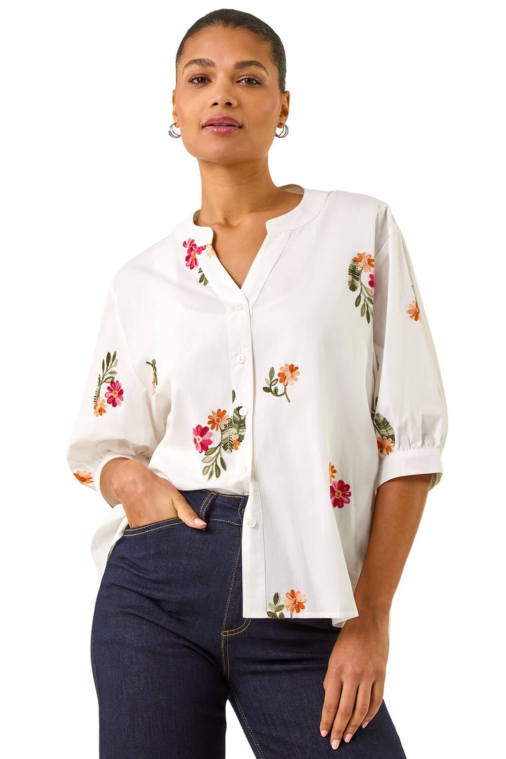 Roman Women's Ivory Floral Embroidered V-Neck Blouse Size 16