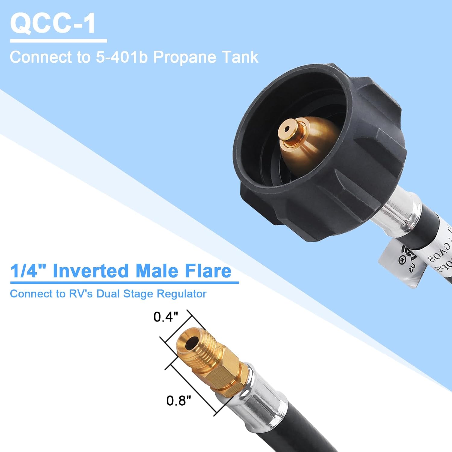 GGC 4 Feet RV Propane Pigtail Hose QCC1 Connector with Acme and a 1/4'' Inverted Male Flare (2PCS)