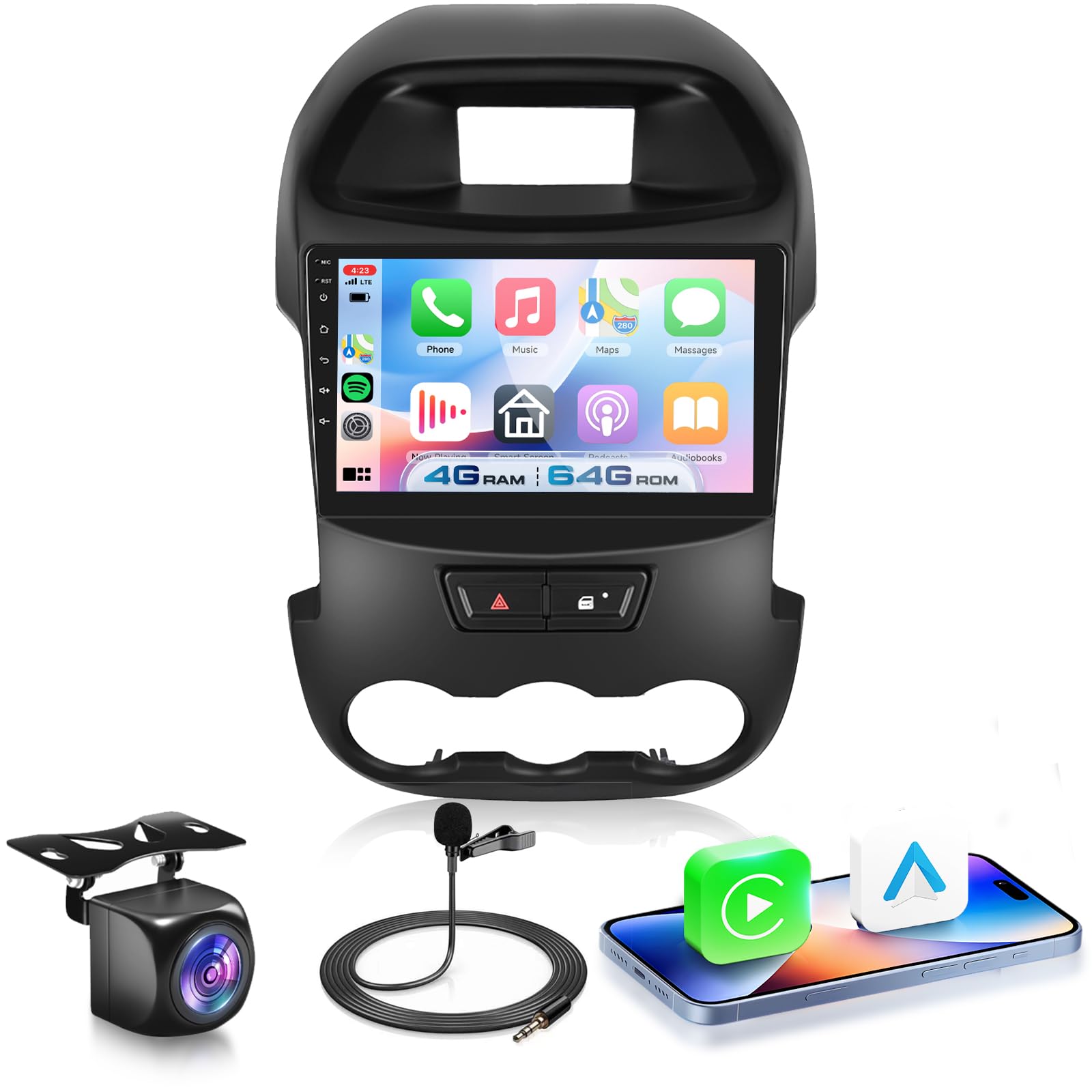 4G+64G Android 15 Car Stereo for for Ford Ranger F250 2012-2015 with Wireless Carplay Android Auto, 9 Inch 1280 * 720 Touch Screen GPS/WiFi/Bluetooth 5.0/ FM/32EQ/ SWC/Backup Camera