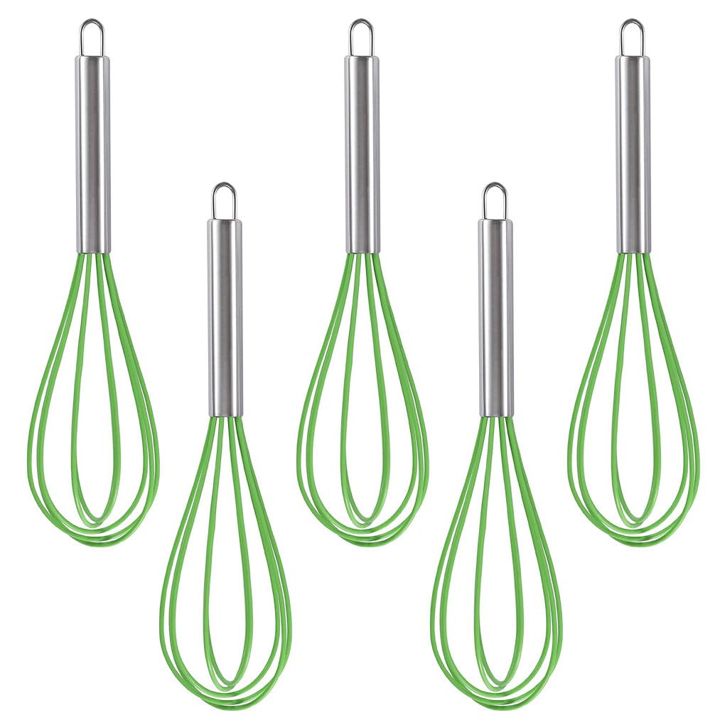 Ousyaah 5-Piece Silicone Whisk Stainless Steel Handle, 10-Inch Kitchen Egg Beater Milk Frothers for Cooking, Classic Mixer Balloon Wire Whisk for Blending, Whisking, Beating and Stirring (Dark Green)
