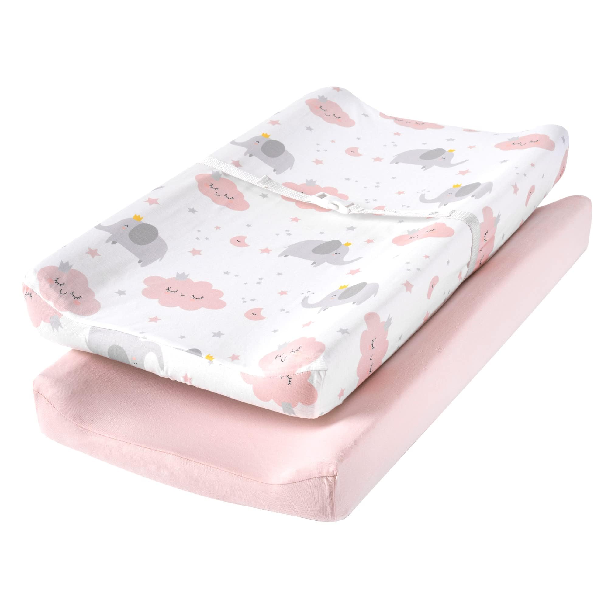 TILLYOU Changing Pad Cover Set, Jersey Knit Ultra Soft Unisex Diaper Change Table Sheets for Baby Boys Girls, Fit 32"/34''x16" Contoured Pad, Comfy Cozy 2-Pack Cradle Sheets, Elephant & Cloud, Pink